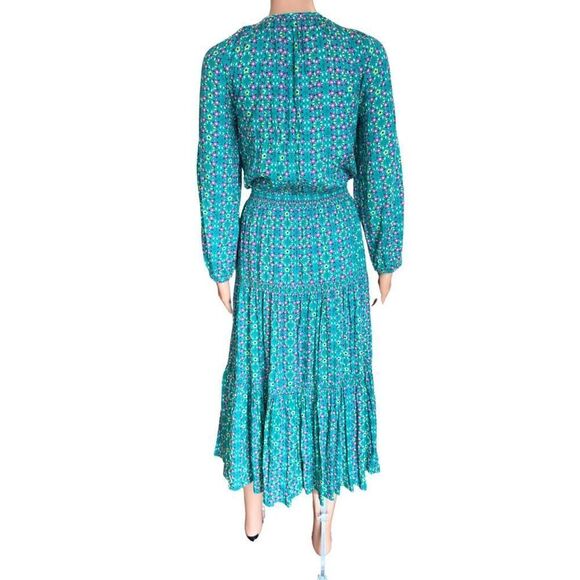 Matilda Jane Age of Aquarius Midi Dress Large Green Floral Long Sleeve Smocked - Picture 6 of 8